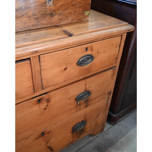 83 - An antique stained pine chest of two short over two long drawers with brass handles, 100 cm w x 42 c... 