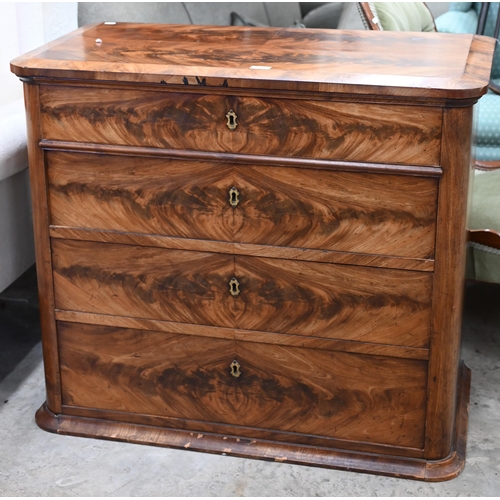 87 - A 19th century figured mahogany chest of four long drawers below the moulded quarter veneered top, 9... 