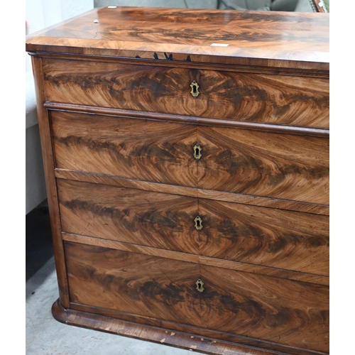 87 - A 19th century figured mahogany chest of four long drawers below the moulded quarter veneered top, 9... 