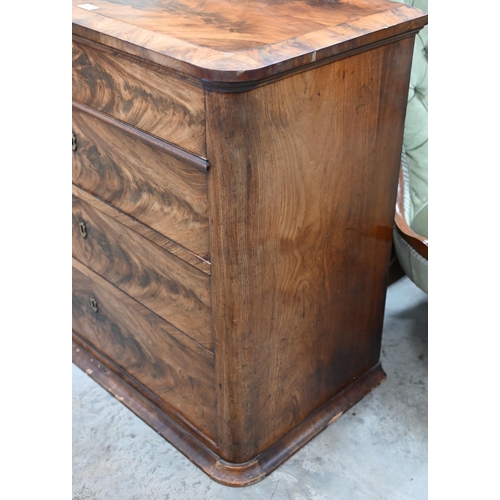 87 - A 19th century figured mahogany chest of four long drawers below the moulded quarter veneered top, 9... 