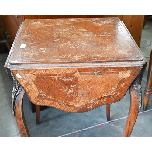 91 - A French kingwood and marquetry serpentine drop leaf side table with decorative floral inlay, shaped... 