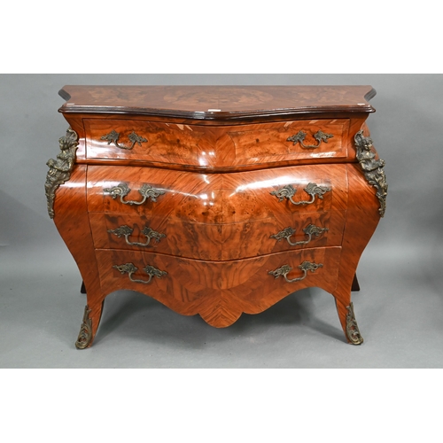 285 - A pair of continental Louis XV style burr walnut, kingwood and gilt metal mounted serpentine form bo... 