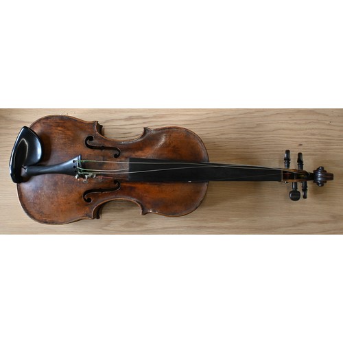 511 - An antique German violin with 35.5cm two-piece back; bears label for 'Sebastian Kloz, Mittenvald, 17... 