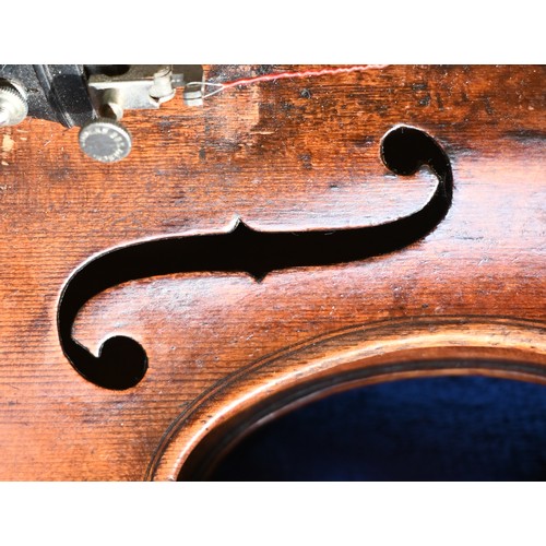 511 - An antique German violin with 35.5cm two-piece back; bears label for 'Sebastian Kloz, Mittenvald, 17... 