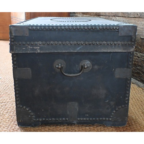 277 - An early19th century Chinese export brass bound and studded leather camphorwood travel trunk, handle... 