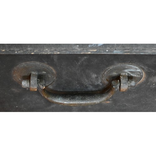 277 - An early19th century Chinese export brass bound and studded leather camphorwood travel trunk, handle... 