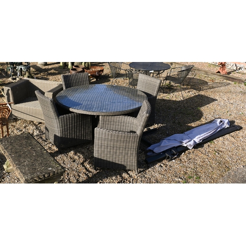 7 - Hartmann, a synthetic all-weather rattan circular garden table, with protective glass top and four a... 