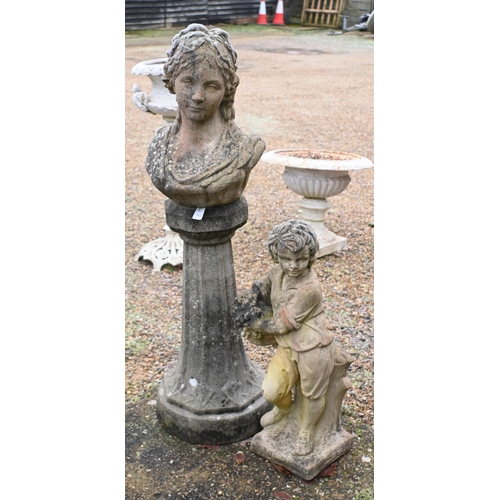 9 - A weathered cast stone classical garden statue on a plinth base to/w a Georgian style garden statue ... 