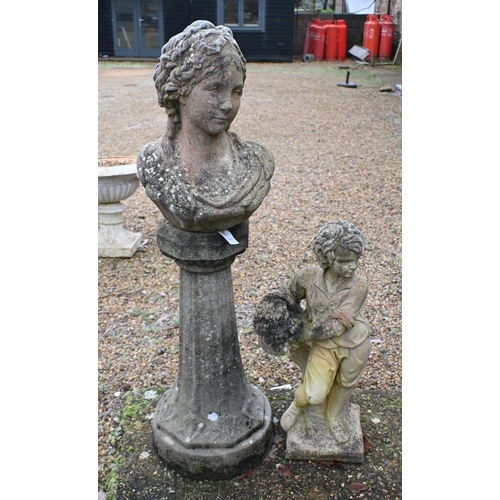 9 - A weathered cast stone classical garden statue on a plinth base to/w a Georgian style garden statue ... 