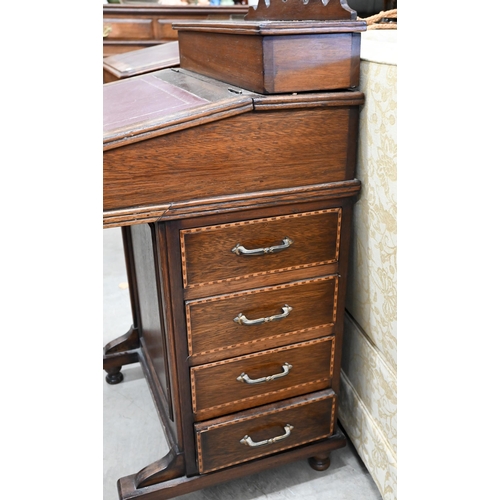 152 - An Edwardian mahogany inlaid Davenport with hinged top inset with tooled leather with four side draw... 