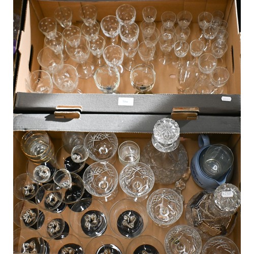 374 - A pair of cut glass decanters, various drinking glasses, set of six ep decanter labels etc (2 boxes)