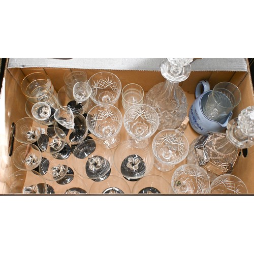 374 - A pair of cut glass decanters, various drinking glasses, set of six ep decanter labels etc (2 boxes)