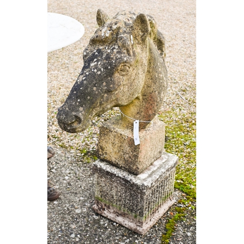 11 - A weathered cast stone horse's head garden ornament, raised on an associated square plinth