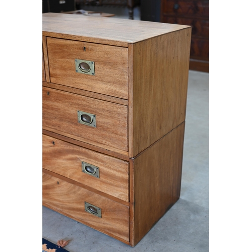 113 - A teak two-section campaign style chest with two short and three long drawers with brass handles, 92... 