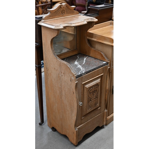 118 - Antique French bedside cabinet with marble top and bevelled mirror over the carved cupboard door, 38... 