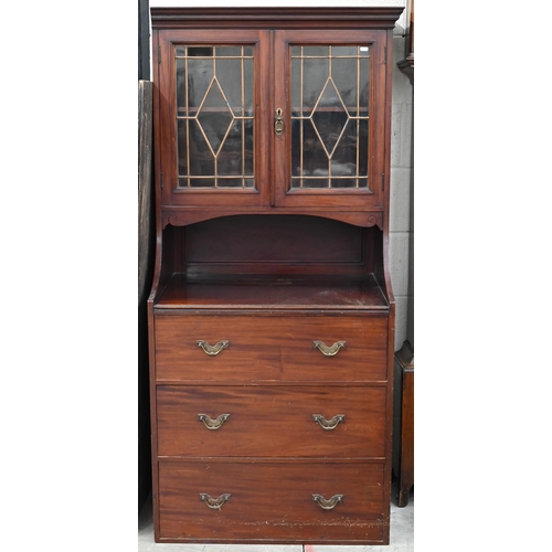 144 - # An Edwardian mahogany part-glazed dresser with three drawers, 74 cm w x 54 cm d x 164 cm h