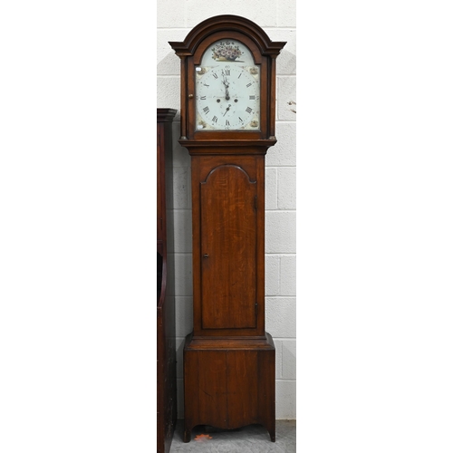 145 - An early 19th century oak longcase clock, the floral painted dial with subsidiary seconds and date d... 