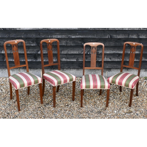 160 - Four Edwardian walnut dining chairs with striped fabric seats (two reduced in height)