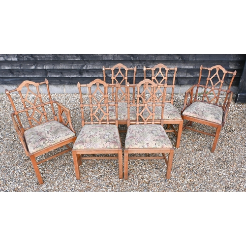 161 - A set of six vintage beech framed dining chairs in the Chippendale manner, with machined floral tape... 