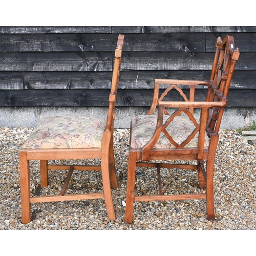 161 - A set of six vintage beech framed dining chairs in the Chippendale manner, with machined floral tape... 