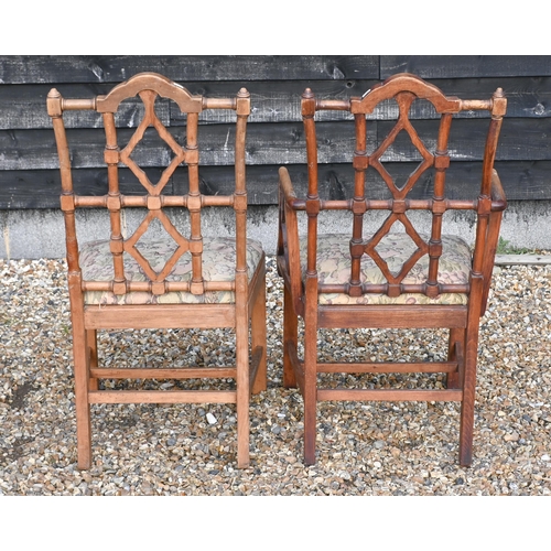 161 - A set of six vintage beech framed dining chairs in the Chippendale manner, with machined floral tape... 