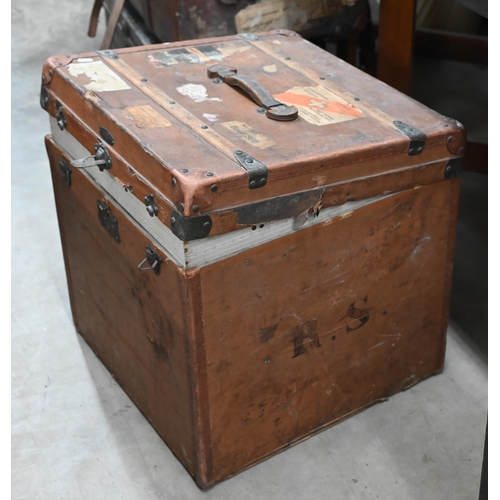 174 - P Blondin (Paris) - a vintage waxed canvas leather and wooden bound cubic trunk with fabric lined in... 