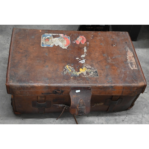 174 - P Blondin (Paris) - a vintage waxed canvas leather and wooden bound cubic trunk with fabric lined in... 