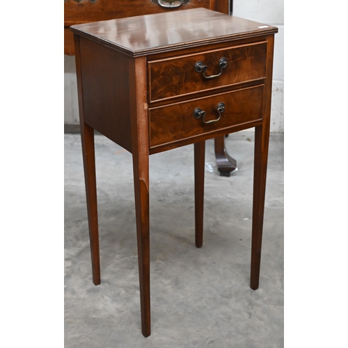 177 - A mahogany two drawer bedside table 38 cm w x 28 cm x 70 cm h Repaired leg