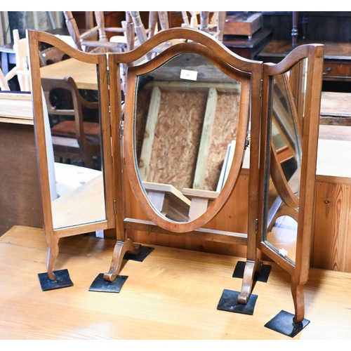 36 - A vintage shield shaped triple fold table top dressing mirror 76 cm w x 21 cm d x 66 cm h