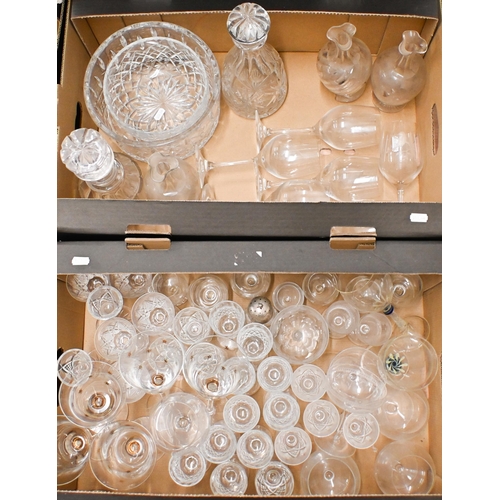 369 - A set of six wine glasses etched with birds to/w various other glasses, decanters etc (2 boxes)