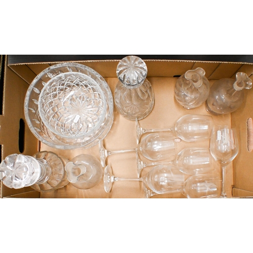 369 - A set of six wine glasses etched with birds to/w various other glasses, decanters etc (2 boxes)