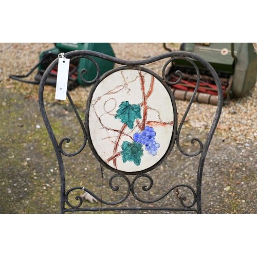 4 - A weathered Victorian style folding circular terrace table and two chair set, to/w a metal pot stand... 