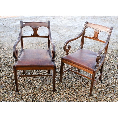 40 - A set of eight Victorian mahogany dining chairs, with shaped splats over leather seats, raised on sq... 