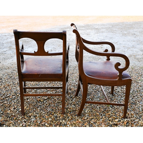 40 - A set of eight Victorian mahogany dining chairs, with shaped splats over leather seats, raised on sq... 