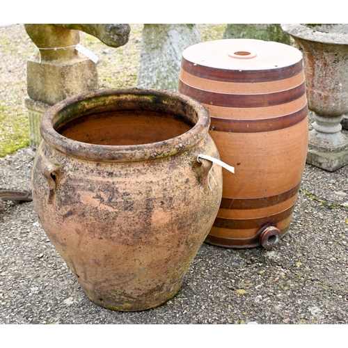 6 - A weathered terracotta planter to/with a salt glazed barrel water filter, both a/f (2)