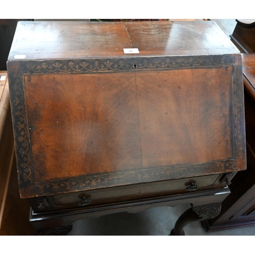 88 - A mahogany pen-work decorated bureau on stand with carved cabriole supports, 60 cm w x 42 cm d x 94 ... 