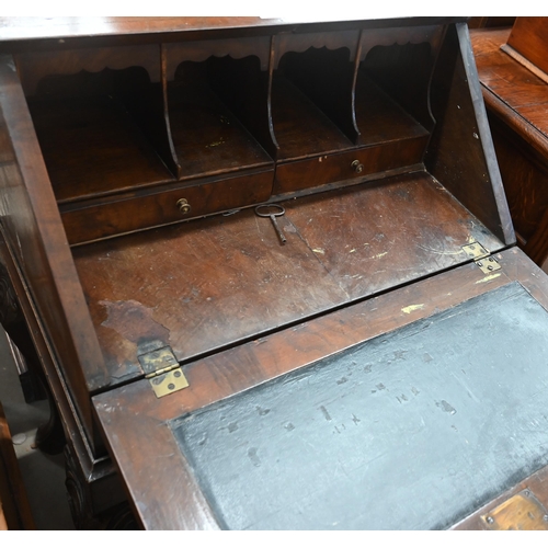 88 - A mahogany pen-work decorated bureau on stand with carved cabriole supports, 60 cm w x 42 cm d x 94 ... 