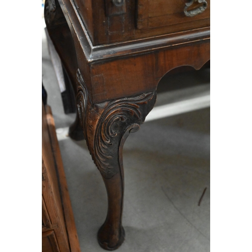 88 - A mahogany pen-work decorated bureau on stand with carved cabriole supports, 60 cm w x 42 cm d x 94 ... 