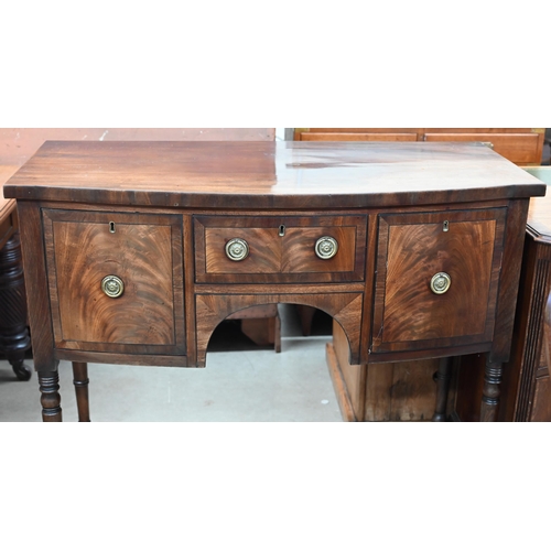 91 - A small 19th century mahogany bowfront sideboard with turned supports, 112 cm w x 52 cm d x 90 cm h