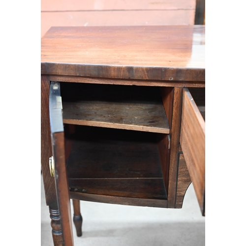 91 - A small 19th century mahogany bowfront sideboard with turned supports, 112 cm w x 52 cm d x 90 cm h