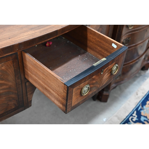 91 - A small 19th century mahogany bowfront sideboard with turned supports, 112 cm w x 52 cm d x 90 cm h