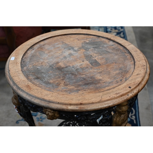 93 - A Victorian black and gilt (re-painted) cast iron Britannia table with later circular hardwood top, ... 