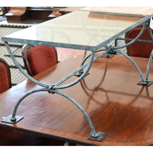 96 - # A contemporary glass-top rectangular coffee table with simulated verdigris metal curule style base... 