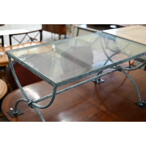 96 - # A contemporary glass-top rectangular coffee table with simulated verdigris metal curule style base... 