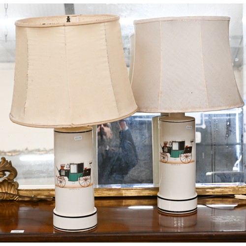 141A - A pair of porcelain cylinder table lamps with coach transfer-printed decoration (2)