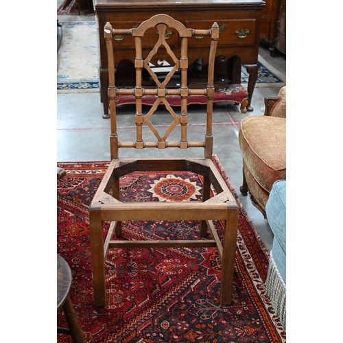 161 - A set of six vintage beech framed dining chairs in the Chippendale manner, with machined floral tape... 