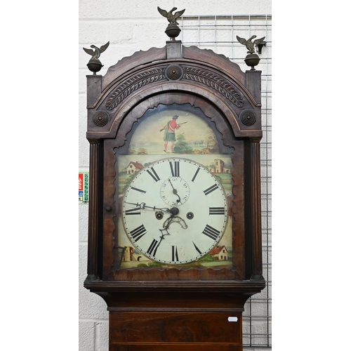 205 - A 19th century Scottish mahogany longcase clock, the glazed hood surmounted by three brass ho-ho bir... 