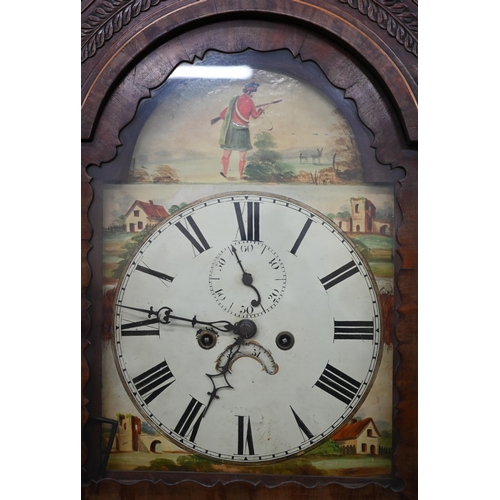 205 - A 19th century Scottish mahogany longcase clock, the glazed hood surmounted by three brass ho-ho bir... 