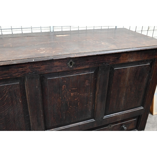 232 - An antique panelled oak mule chest with hinged top and two drawers, 148 x 60 x 88 cm h