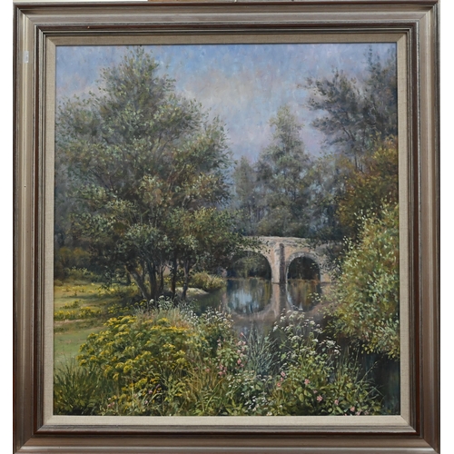 318 - Mervyn Goode - Midsummer river beside bridge, oil on canvas, signed, 69 x 64 cm c/w original bill of... 